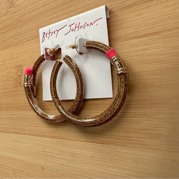 Betsey Johnson Book Smart Gold Tone Glitter Enamel Pencil Hoop Earrings NWT - Picture 4 of 5